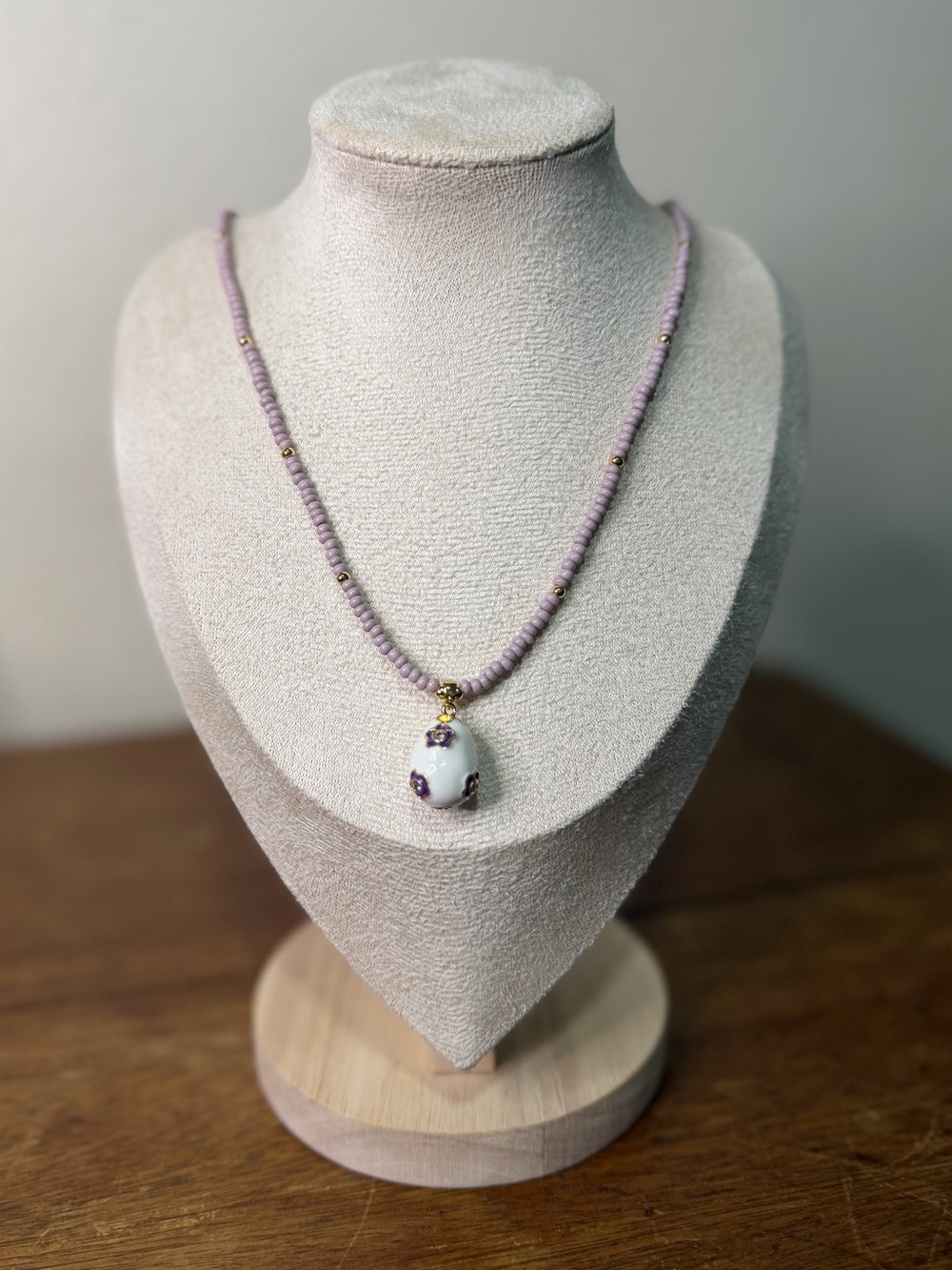 Delicate Lavender Seed Bead Necklace with Cloisonné Inspired Pendant